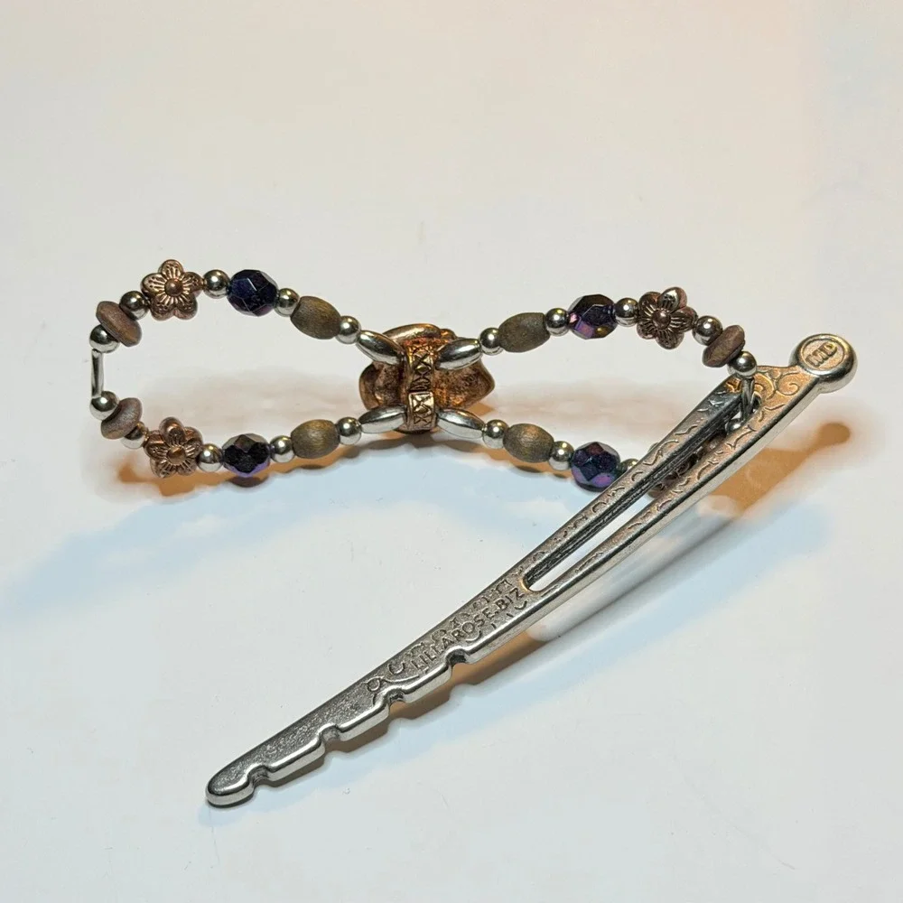 Lilla Rose Flexi Clip Hair Slide Silver Purple Beads Bronze Rose Size Medium